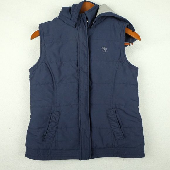 Urban Heritage Womens Puffer Vest Large Navy Blue Full Zip Hooded Logo Preppy - Picture 1 of 12